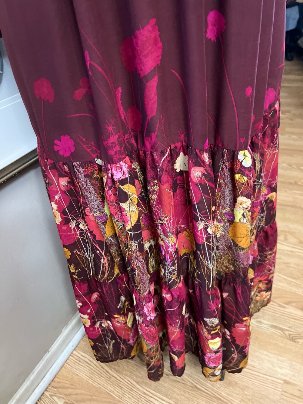 Arna York Dress Women 16 Burgundy Floral Lined Date Church Peasant Hippie tiered - Picture 2 of 14
